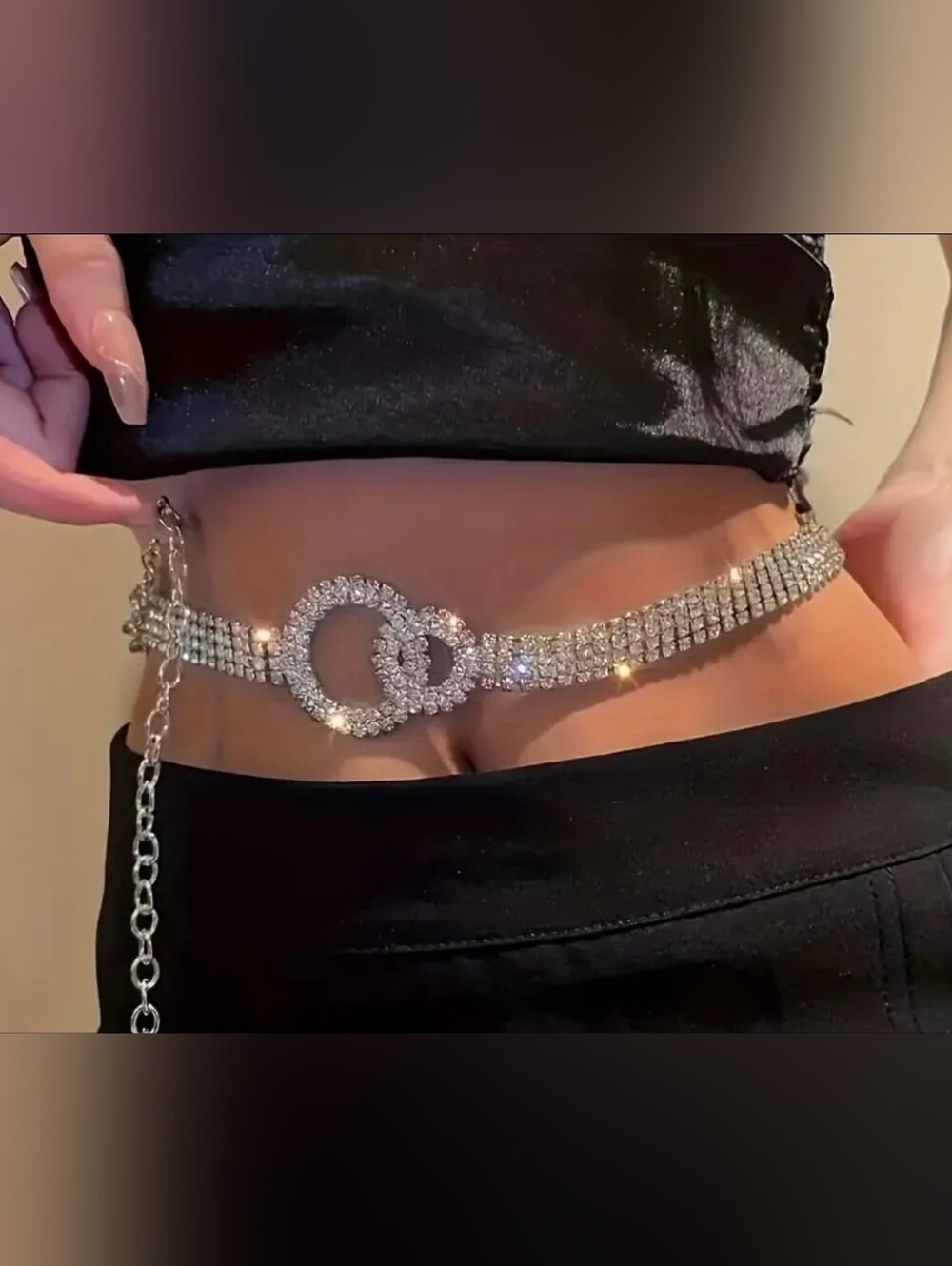 Silver Rhinestone Chain Waist Belt with Double Circle Accent